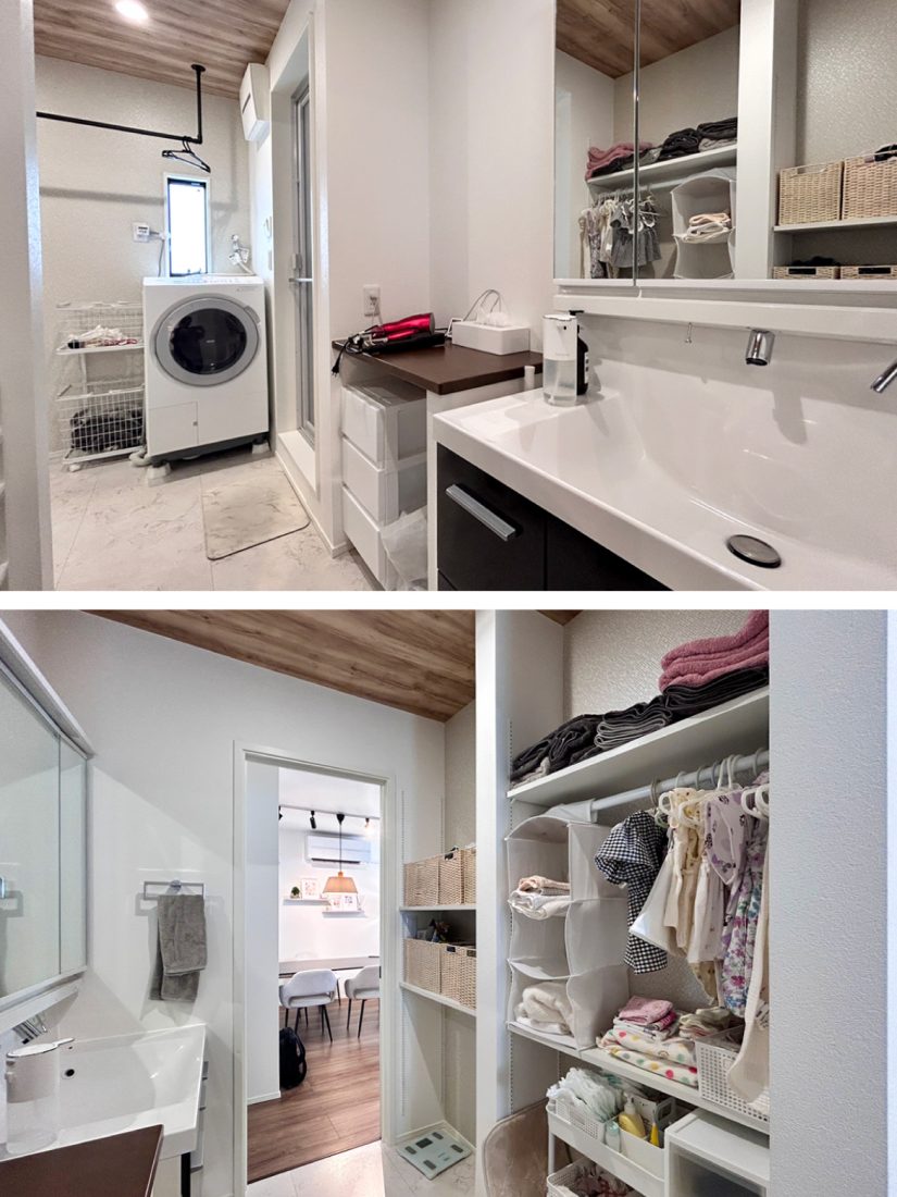 奥行のある収納スペースなどを確保した洗面脱衣室「ラク家事ランドリーPLUS COMFORT」。リビングや隣接するクロークとも回遊可能で動線がスムーズ。